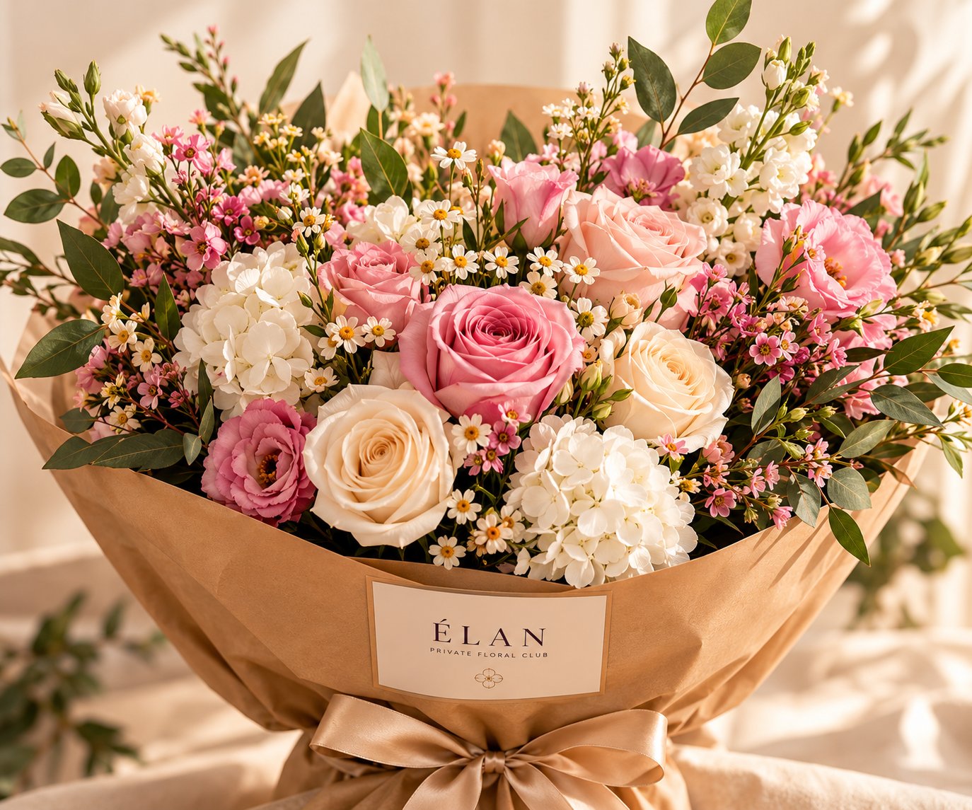 Kraft-wrapped bouquet of garden roses and ranunculus